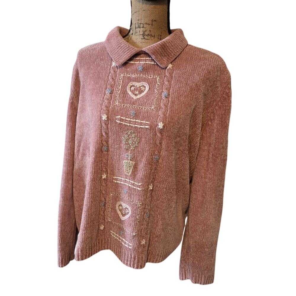 vtg chenile pink collared grandma sweater hearts Xl alfred dunner